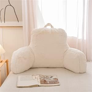 NTBED Faux Fur Reading Pillow Large Adult Teens Back Rest Pillow with Arms, Bedrest Pillow for Sitting Up in Bed (Ivory,Large)