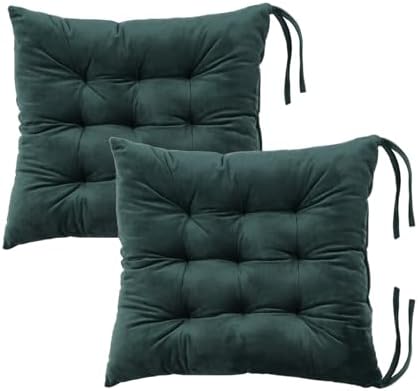 2 Pack Square Seat Cushion Chair Pads for Kitchen Dining Chairs, Soft Comfort Velvet Chair Mat Pillow Cushions with Ties for Office Desk Living Room Tatami 15.5", Dark Green