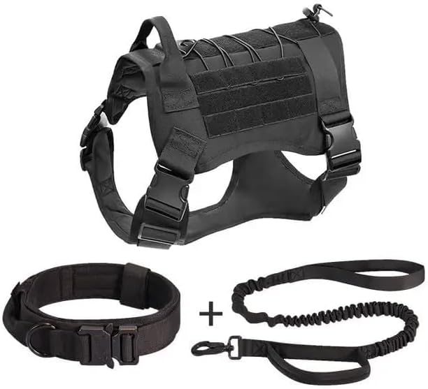 Tactical Dog Harness with Handle Collar and Leash Set Dog Vest Harness No Pull Dog Harness with Patches Adjustable Buckles for Dogs (Black, Extra Large)
