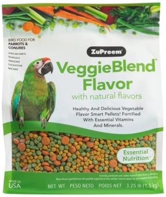 ZuPreem VeggieBlend Bird Food, Bird Feed Pellets for Parrots, Conures, Caiques, African Greys, Eclectus & Small Cockatoos, Parrot Food, Conure Diet, Made in USA, (Medium/Large, 3.25 lb)