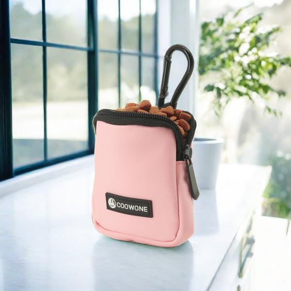 COOWONE Dog Treat Pouch Pocket Sized Pet Puppy Training Pouch for Dog Training Behavior Aids, Waterproof Nylon Fabric Dog Poop Bag Holder, Hands Free Dog Walking Bag with Metal Carabiner (Pink)