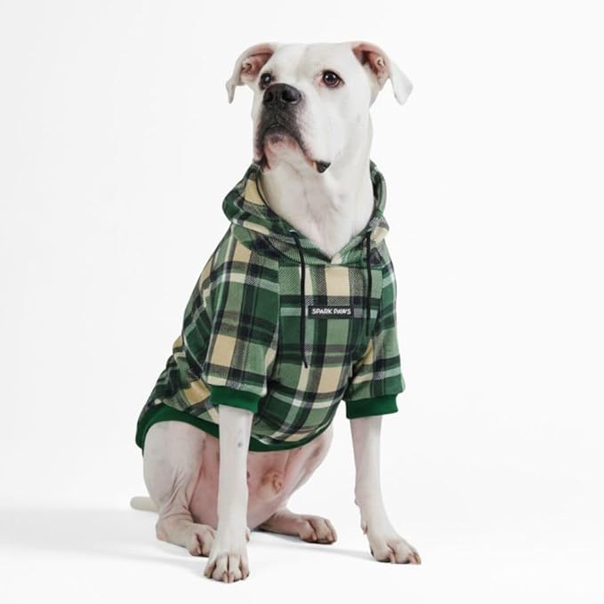 Spark Paws Dog Hoodie – Premium Dog Sweater for Small, Medium, and Large Dogs | Warm Outfits for French Bulldogs, Pitbull, Puppy, Winter Jacket Alternative - Green Plaid - 3XL