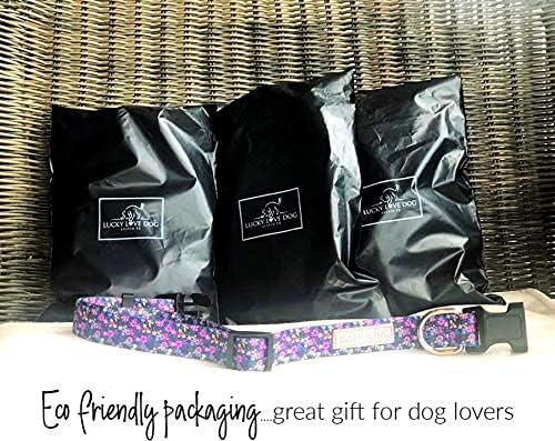 Lucky Love Dog, Matching Dog Collar & Leash Set for Female Dogs, Soft, Adjustable, Safe for Training and Walking, Black & Purple Floral Print, Primrose Combo, Large