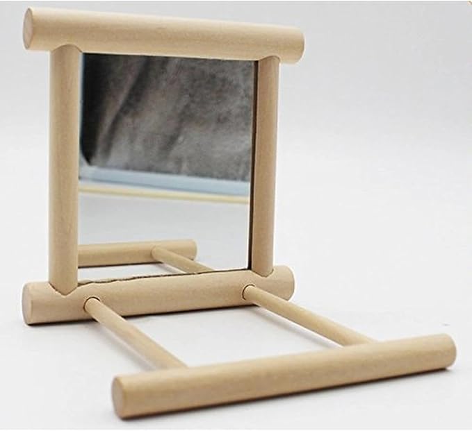 Bird Mirror with Swing and Perch for Parakeets Cockatiels Lovebirds Finches - Wooden Interactive Hanging Cage Toy, 3.7 x 3.5 x 3.5 Inch, 1 Pack