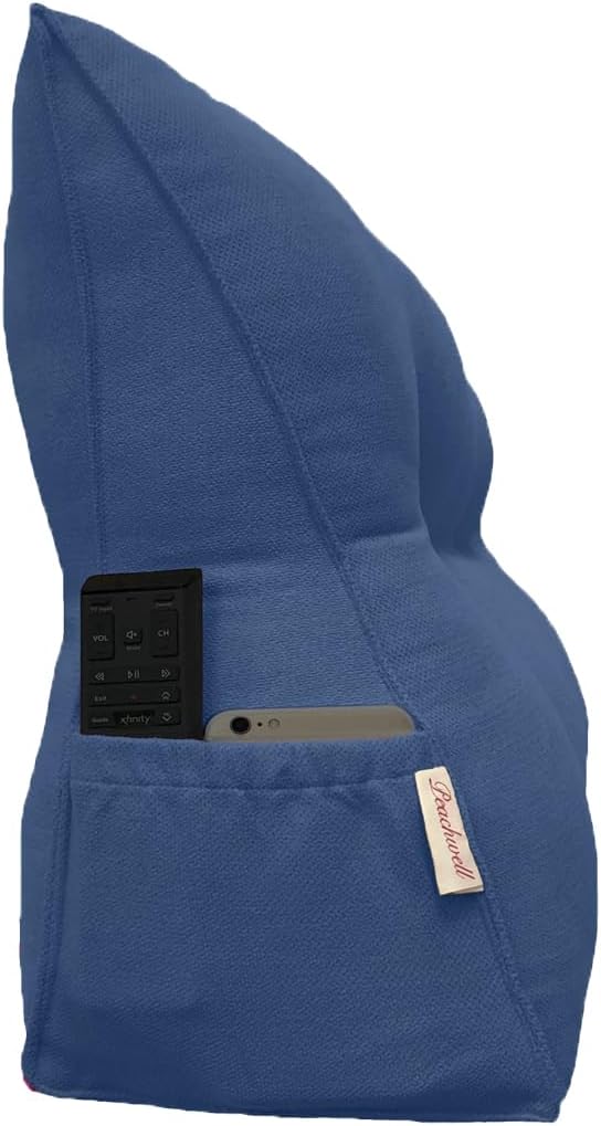 Triangular Reading Bed Rest Pillow Large Bolster Cushion Headboard Backrest Wedge Pillow with Removable Cover and Two Large Side Pockets (Blue, Queen: 59 x 8 x 20 inches)