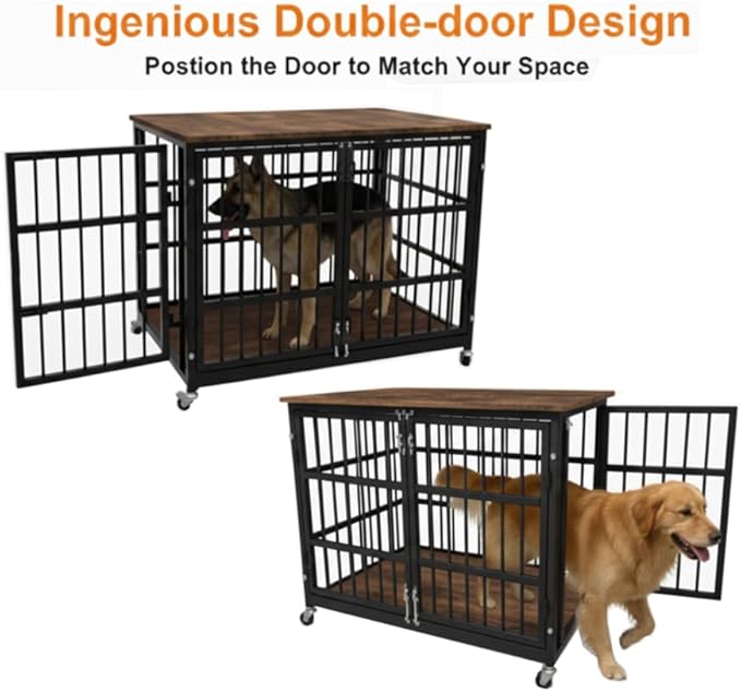 48/42/38 Dog Crate Furniture, Heavy Duty Dog Kennel Indoor for Large Dogs, Escape-Proof and Chew-Proof Wooden Dog Cage for high Anxiety Dog, Decorate House as TV Stand, End Table