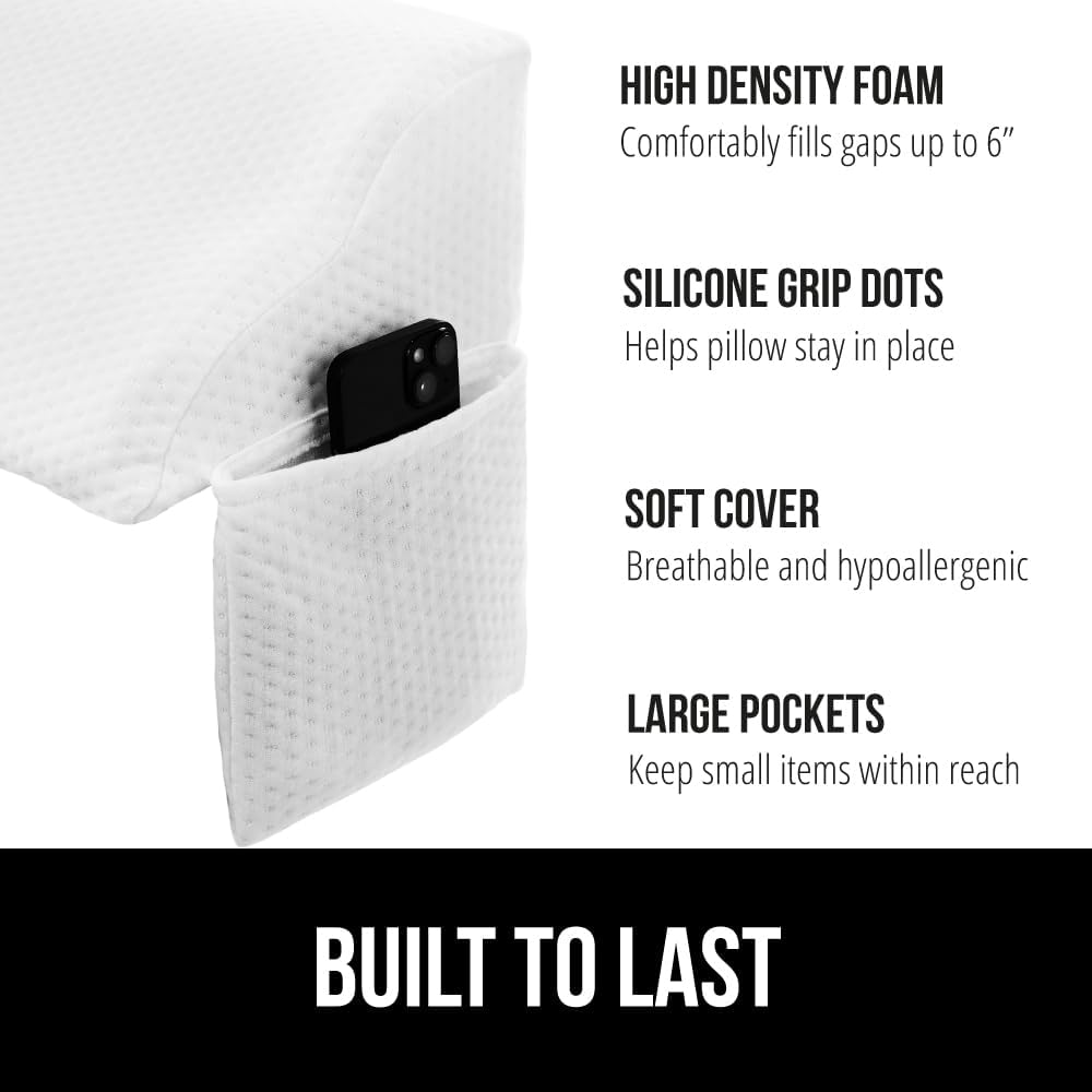 GORILLA GRIP Patent Pending Queen Bed Wedge Pillow Headboard Gap Filler, US Designed, Comfortable Supportive High Density Foam Pillows, Stay in Place Gripping Dots, Wedges Between Mattress, White