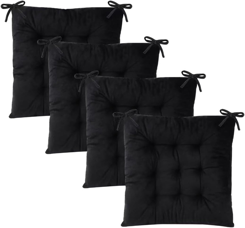 Set of 4 Chair Cushions for Dining Chairs with Ties, Indoor Non-Slip Kitchen Chair Pad and Dining Room Seat Cushion Mat for Office Living Room Outdoor 15.5" - Black