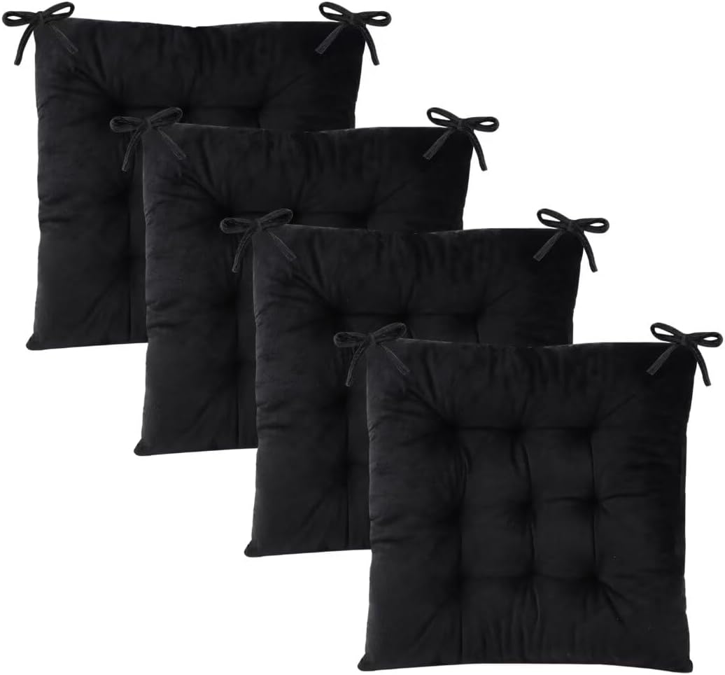 Set of 4 Chair Cushions for Dining Chairs with Ties, Indoor Non-Slip Kitchen Chair Pad and Dining Room Seat Cushion Mat for Office Living Room Outdoor 15.5" - Black