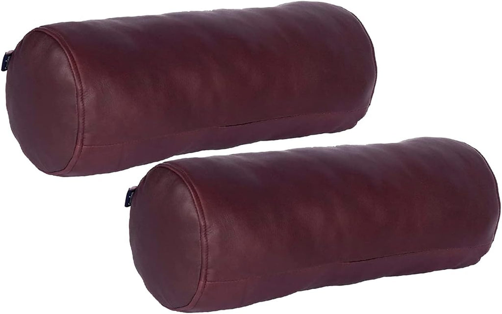 Neck Roll Pillow Cushion Cover, 14x7 Inch Full Moon Round Bolster Pillow Case, Cylinder Soft Lambskin Leather Pillowcase for Head, Spine & Neck Support During Sleep - Dark Maroon Pack of 2