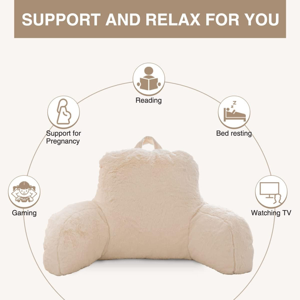 NTBED Faux Fur Reading Pillow Large Adult Teens Back Rest Pillow with Arms, Bedrest Pillow for Sitting Up in Bed (Ivory,Large)