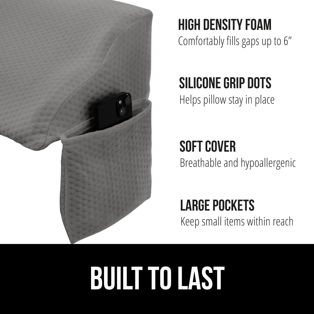 GORILLA GRIP Patent Pending Bed Wedge Pillow Headboard Gap Filler, US Designed, Comfortable Supportive High Density Foam Pillows, Stay in Place Gripping Dots, Wedges Between Mattress, Full Size Gray