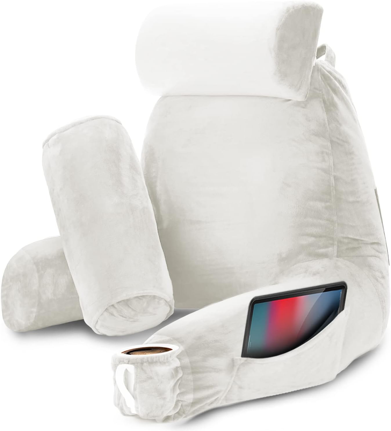 Nestl Reading Pillow with Shredded Memory Foam Includes 2 Neck and Lumber Support Pillows, Designed for Sitting Up in Bed and Couch, Back and Arms Adjustable Support for Adult & Teens, White