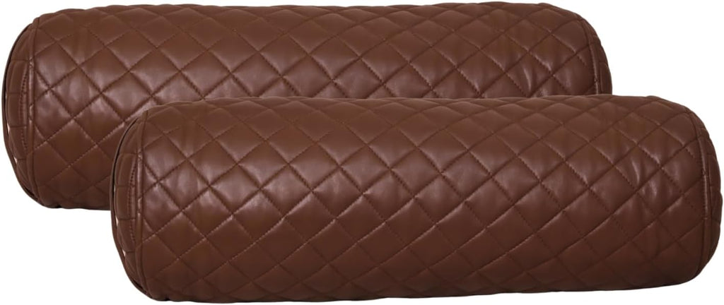 Neck Roll Pillow Cushion Cover, 20x5 Inch Full Moon Round Bolster Pillow Case, Cylinder Soft Lambskin Leather Pillowcase for Head, Spine & Neck Support During Sleep - Quilted Chocolate Brown Pack of 2
