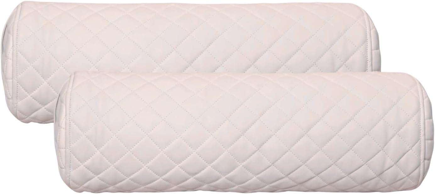 Neck Roll Pillow Cushion Cover, 20x5 Inch Full Moon Round Bolster Pillow Case, Cylinder Soft Lambskin Leather Pillowcase for Head, Spine & Neck Support During Sleep - Quilted White Pack of 2