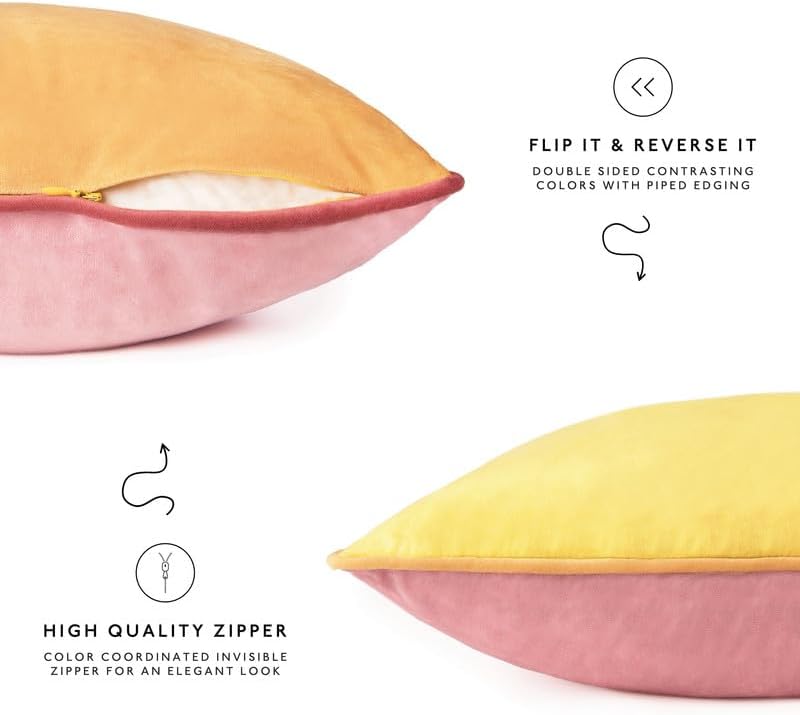 MONDAY MOOSE Decorative Throw Pillow Covers Cushion Cases, Set of 4 Soft Velvet Modern Double-Sided Designs, Mix and Match for Home Decor, Pillow Inserts Not Included (22x22 inch, Yellow/Pink)