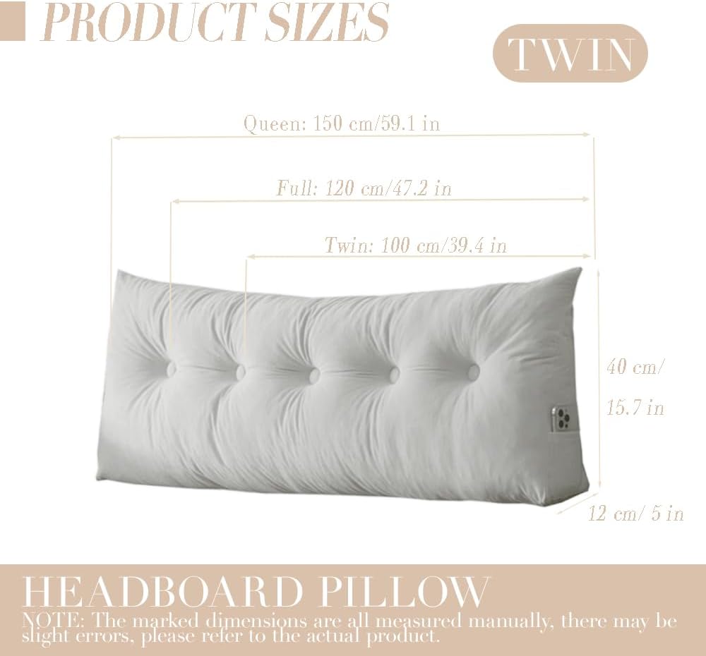 Dorm Headboard Pillows Twin XL Wedge Headboard Pillow Long Backrest Positioning Support for Daybed Reading Backrest Pillow with Side Pockets College Dorm Headboard