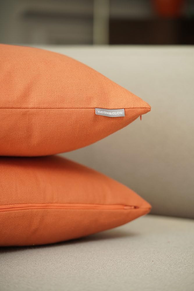 Haven & Glow Decorative Throw Pillow Cover – Square Cushion Case with Zipper | Modern Sofa, Couch & Bed Accent Pillow Covers for Living Room, Bedroom & Home Decor | 18 x 18 Inch – Soft Orange – 2 Pc
