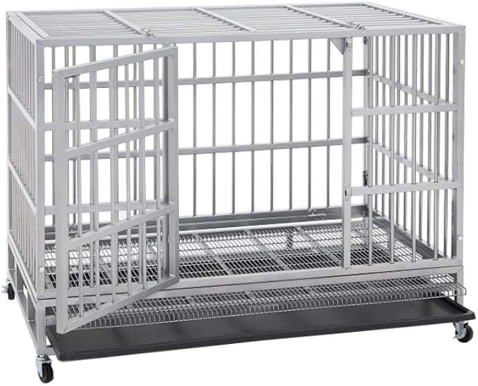 48/42/38 inch Heavy Duty Indestructible and Escape-Proof Dog Crate Cage Kennel for Large Dogs, High Anxiety Dog Crate with Removable Wire Trays and Wheels, Extra Large XL XXL