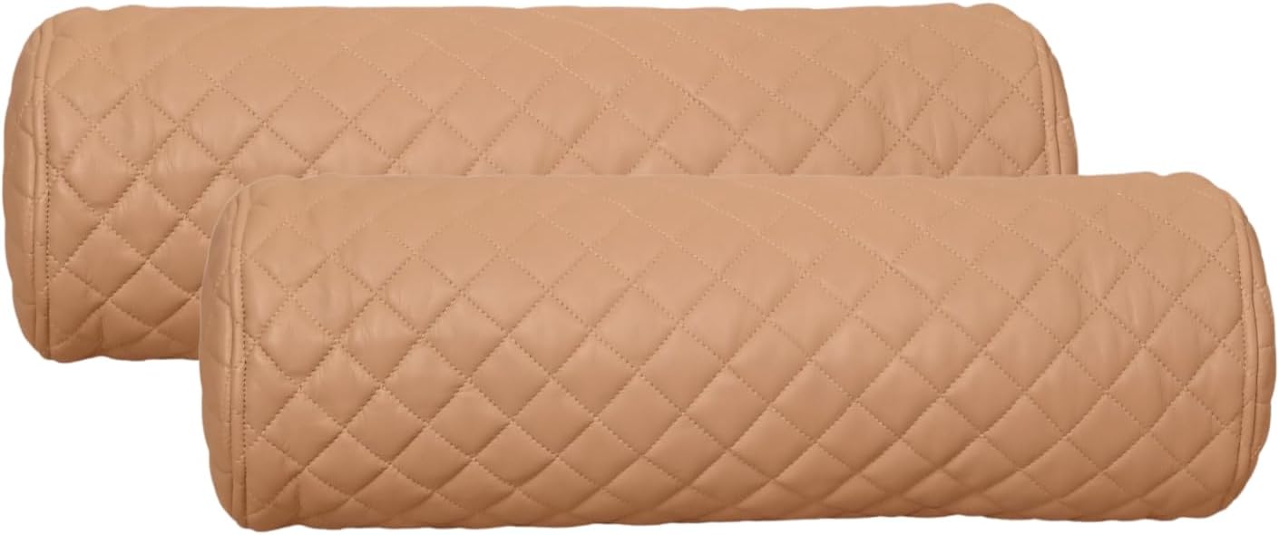 Neck Roll Pillow Cushion Cover, 20x5 Inch Full Moon Round Bolster Pillow Case, Cylinder Soft Lambskin Leather Pillowcase for Head, Spine & Neck Support During Sleep - Quilted Beige Pack of 2