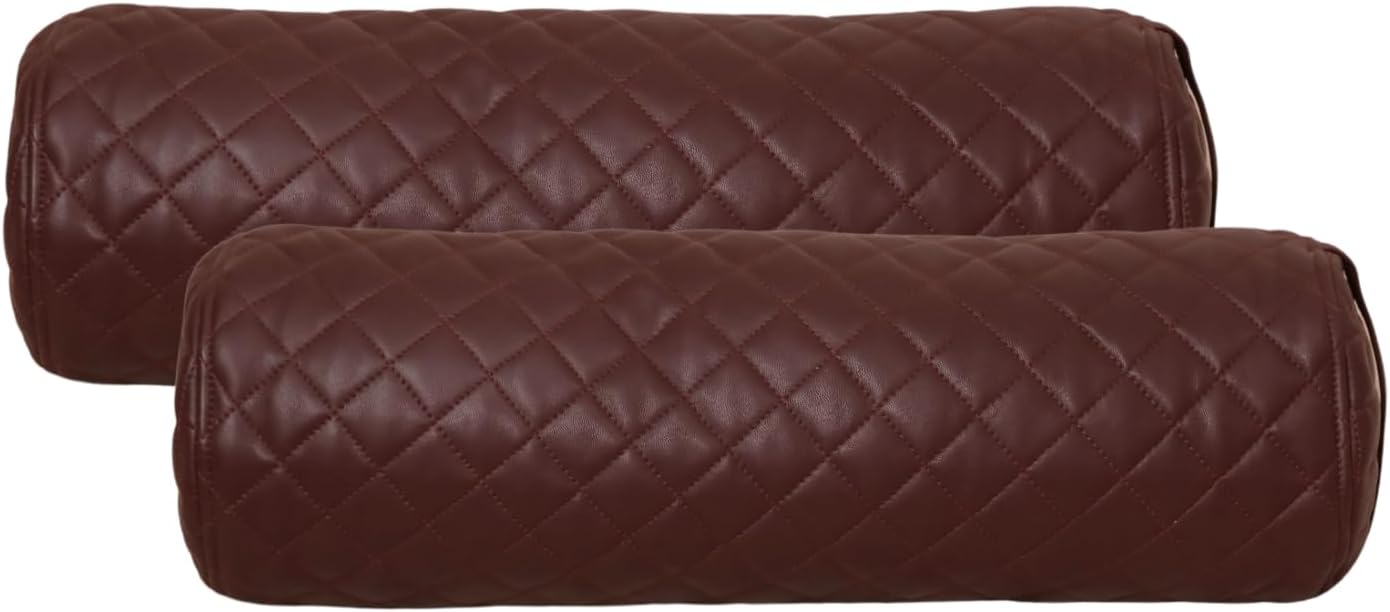 Neck Roll Pillow Cushion Cover, 22x6 Inch Full Moon Round Bolster Pillow Case, Cylinder Soft Lambskin Leather Pillowcase for Head, Spine & Neck Support During Sleep - Quilted Dark Brown Pack of 2