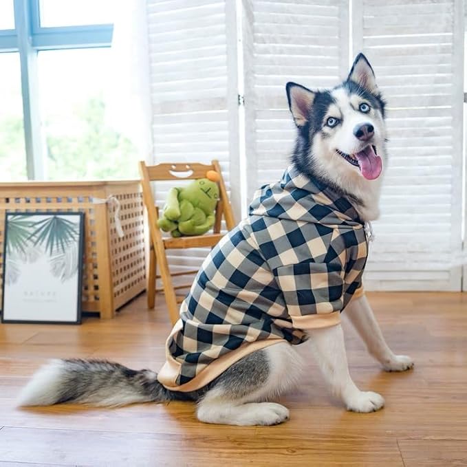 KOOLTAIL Plaid Dog Hoodie Pet Clothes Sweater with Hat and Pocket for Small Medium Large Size Dogs, Soft Winter Warm Dog Cold Weather Coat, Fleece Fall Dog Hooded Sweatshirt for Puppy Cats,BeigeXL/XXL
