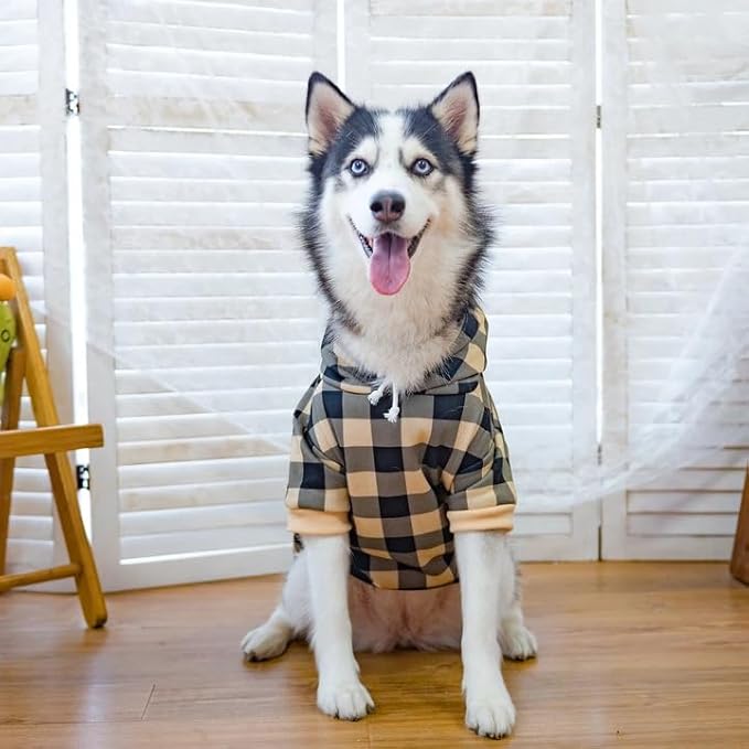 KOOLTAIL Plaid Dog Hoodie Pet Clothes Sweater with Hat and Pocket for Small Medium Large Size Dogs, Soft Winter Warm Dog Cold Weather Coat, Fleece Fall Dog Hooded Sweatshirt for Puppy Cats,BeigeXL/XXL