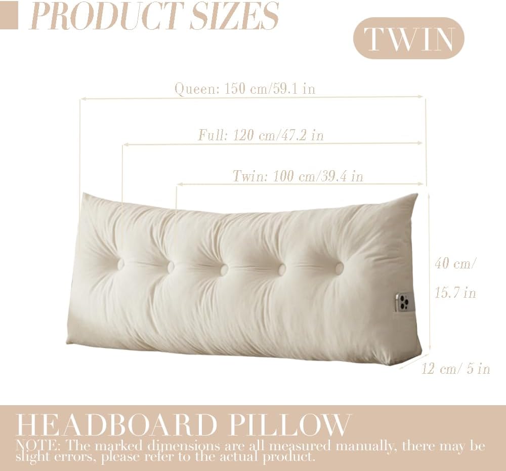 Triangular Wedge Headboard Pillows Twin XL Dorm Headboard Long Backrest Positioning Support Reading Bolster Pillow Side Pockets Wedge Pillow College Dorm Room Essentials Bed Bedroom Decor White