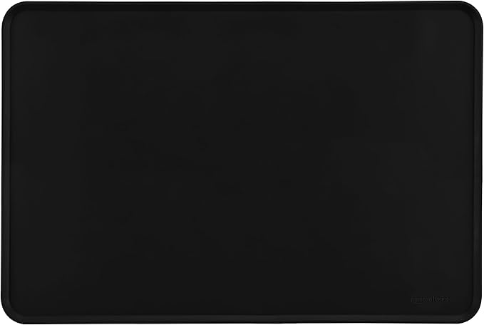 Amazon Basics Waterproof Anti-Slip Silicone Cat & Dog Food Mat, Pet Mats with Raised Edges for Food and Water Bowl to Protect Floors, 24 x 16 Inches, Black, Solid