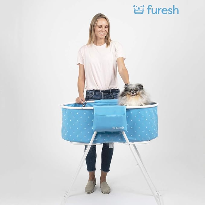Furesh Little Dipper Dog Bath Tub and Wash Station for Bathing Shower and Grooming, Elevated Foldable and Portable, Indoor and Outdoor, for Small and Medium Size Dogs, Cats and Other Pet (Blue)