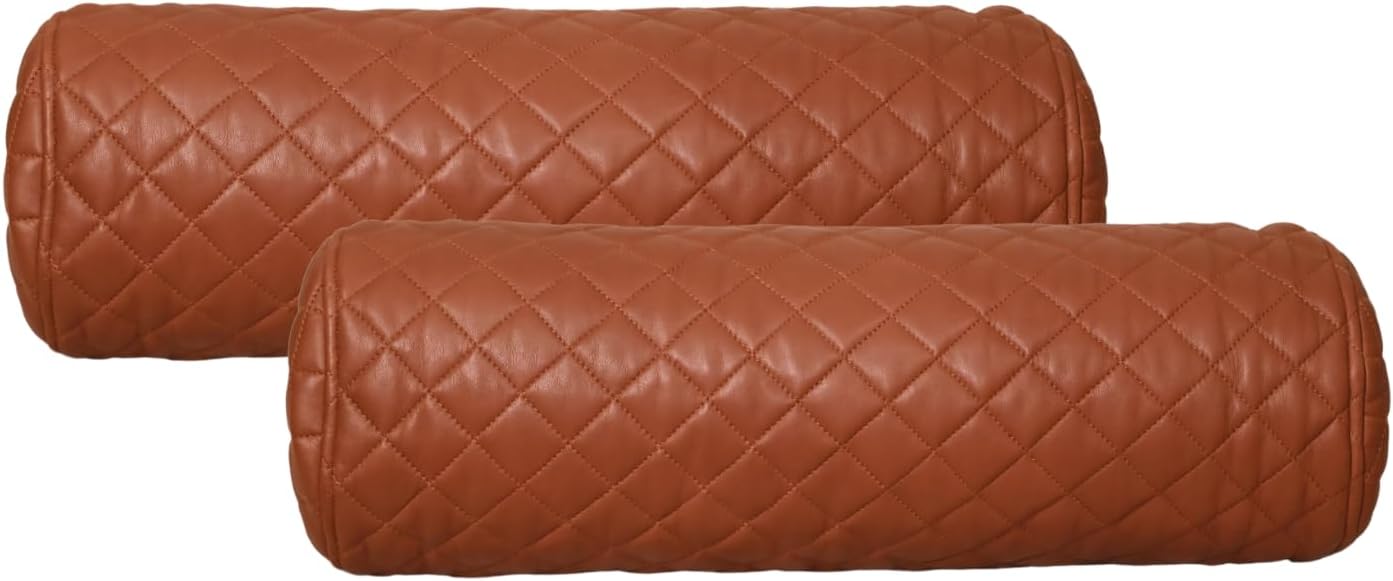 Neck Roll Pillow Cushion Cover, 20x5 Inch Full Moon Round Bolster Pillow Case, Cylinder Soft Lambskin Leather Pillowcase for Head, Spine & Neck Support During Sleep - Quilted Brown Pack of 2