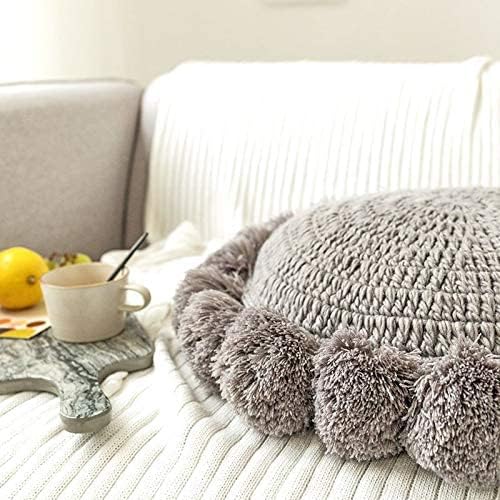 Round Throw Pillow Boho with Pom Poms Fringe Tassels, Bohemian Cute Decorative Circular Pillow with Knitted Texture for Sofa Chair, Acrylic Diameter 18 inches, Gray