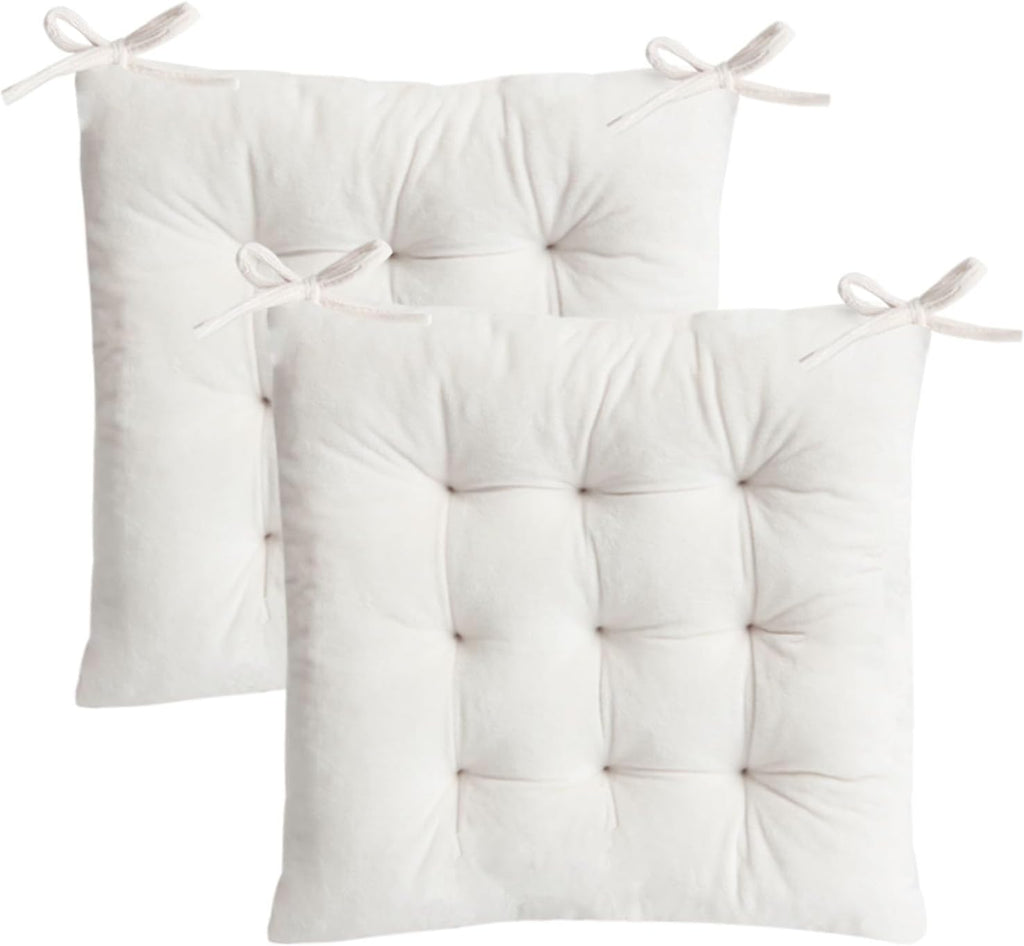 2 Pack Square Seat Cushion Chair Pads for Kitchen Dining Chairs, Soft Comfort Velvet Chair Mat Pillow Cushions with Ties for Office Desk Living Room Tatami 15.5", Ivory