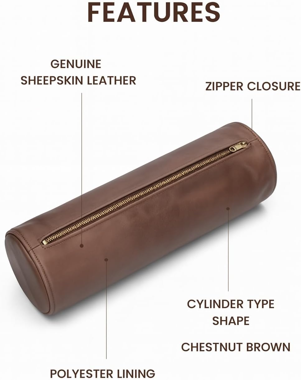 Leather Cylindrical Cushion Cover – 100% Lambskin Round Bolster Pillow Cover | Handmade Ergonomic Roll for Head, Neck & Back | Decorative Home & Sofa Accessory (18" x 5")