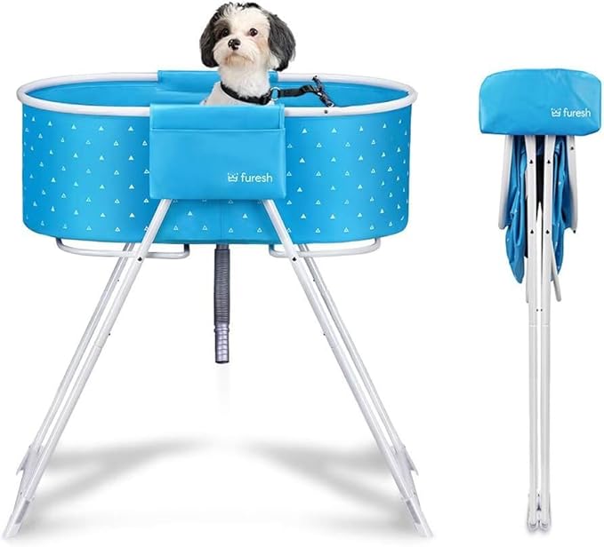 Furesh Little Dipper Dog Bath Tub and Wash Station for Bathing Shower and Grooming, Elevated Foldable and Portable, Indoor and Outdoor, for Small and Medium Size Dogs, Cats and Other Pet (Blue)