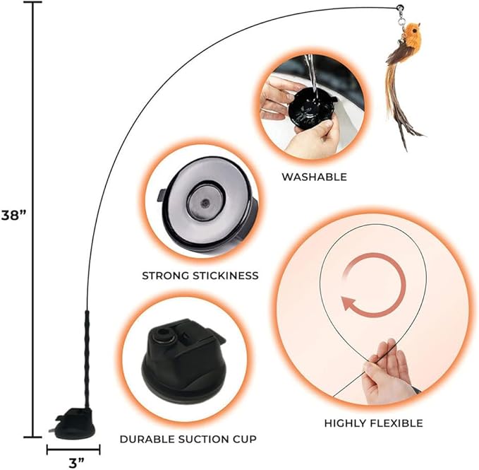 Interactive Bird Simulation Cat Toy Set, Interactive Cat Toys for Indoor Cats, Cat Feather Toy, Self-Holding Suction Base, 5 Replacement Birds, Feathers & Bells, Realistic Bird Impression