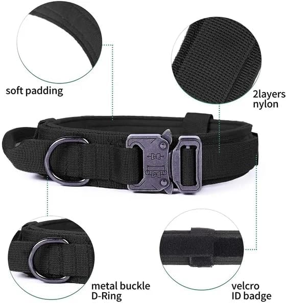 Tactical Dog Harness with Handle Collar and Leash Set Dog Vest Harness No Pull Dog Harness with Patches Adjustable Buckles for Dogs (Black, Medium)