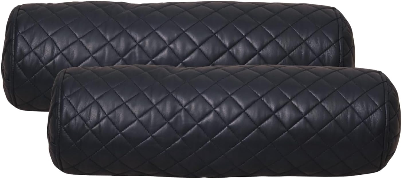Neck Roll Pillow Cushion Cover, 22x5 Inch Full Moon Round Bolster Pillow Case, Cylinder Soft Lambskin Leather Pillowcase for Head, Spine & Neck Support During Sleep - Quilted Gun Metal Blue Pack of 2