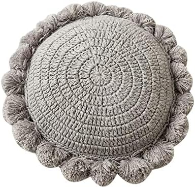 Round Throw Pillow Boho with Pom Poms Fringe Tassels, Bohemian Cute Decorative Circular Pillow with Knitted Texture for Sofa Chair, Acrylic Diameter 18 inches, Gray