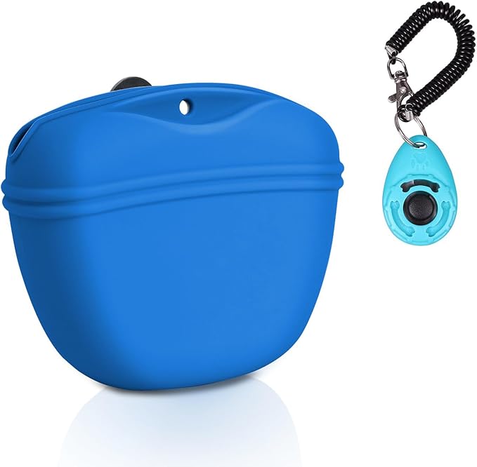 Left&Right Dog Clicker Training Kit,Silicone Dog Training Treat Pouch and Dog Clickers,Dog Treat Bag with Clicker Training for Dogs,Pet Treat Bag with Magnetic Buckle Closing and Waist Clip,Navy Blue