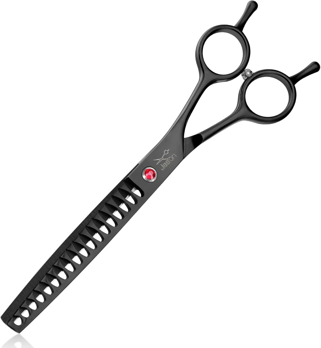 JASON 7.5" Dog Grooming Scissor - Professional Thinning Chunker Shear with 18 Teeth Japanese Stainless Steel Hair Scissors for Dogs, Cats and Other Pets (Chunker, Black)