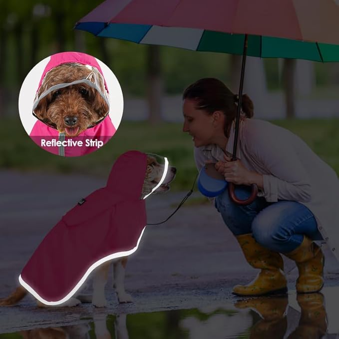 SlowTon Dog Raincoat, Adjustable Dog Rain Jacket Clear Hooded Double Layer, Waterproof Poncho with Reflective Strip Straps and Storage Pocket for Small Medium Large Dogs Puppies(FU XL)