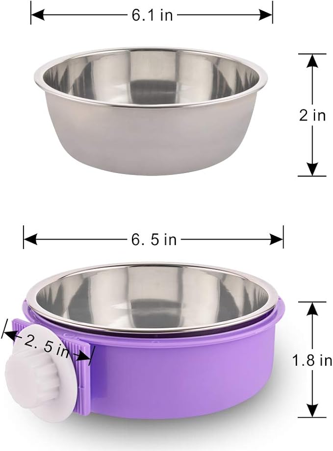 Crate Dog Bowl Removable Stainless Steel Water Food Feeder Bowls Cage Coop Cup for Cat Puppy Bird Pets (Large, Purple)