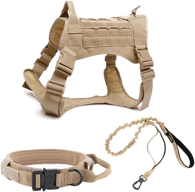 Generic Tactical Dog Harness with Handle, Collar, and Leash Set, Dog Vest Harness, No Pull Working Dog Molle Vest with Patches- Adjustable Buckles for Large-Dogs (Khaki-X_Large)