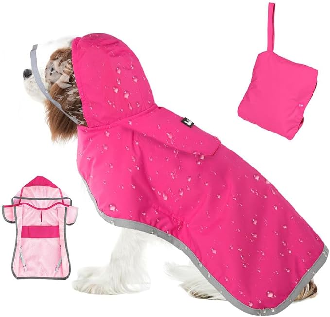 SlowTon Dog Raincoat, Adjustable Dog Rain Jacket Clear Hooded Double Layer, Waterproof Poncho with Reflective Strip Straps and Storage Pocket for Small Medium Large Dogs Puppies(FU M)