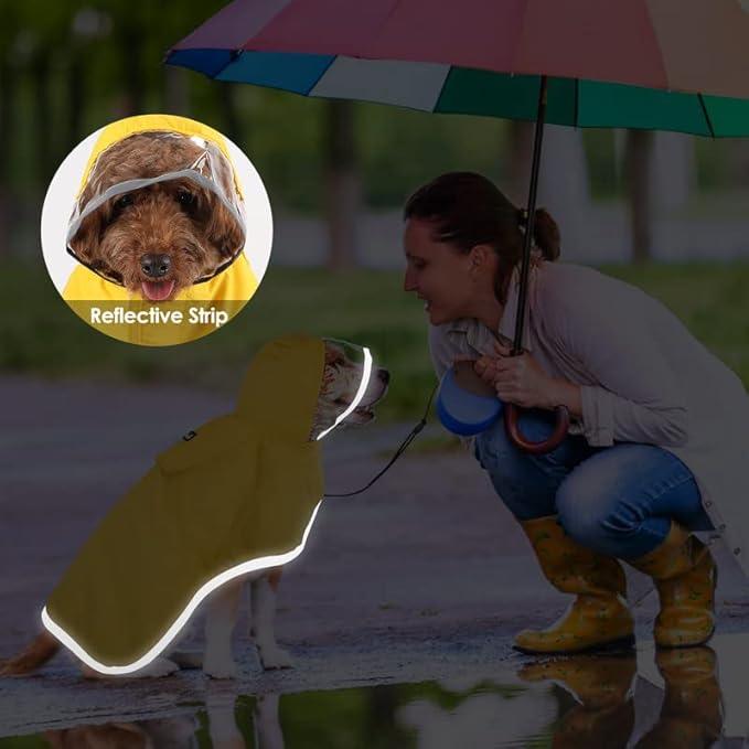 SlowTon Dog Raincoat, Adjustable Dog Rain Jacket Clear Hooded Double Layer, Waterproof Poncho with Reflective Strip Straps and Storage Pocket for Small Medium Large Dog (Yellow L)