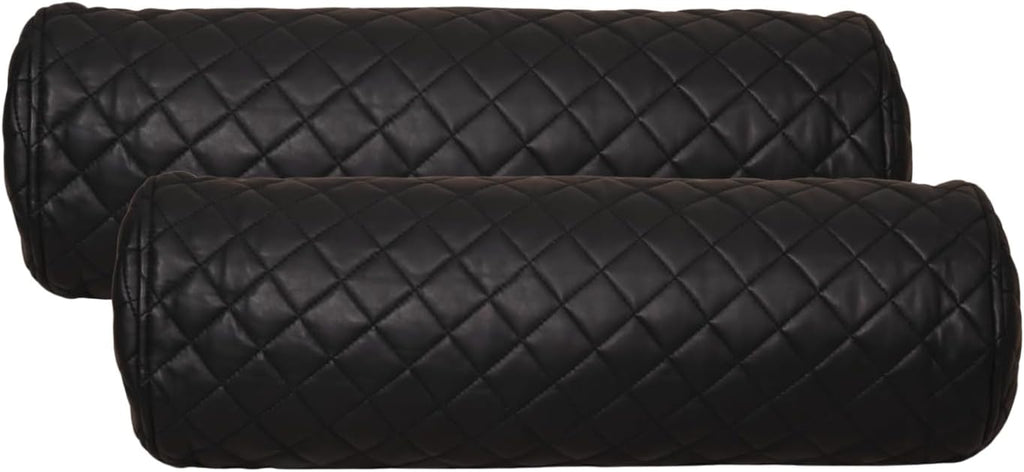 Neck Roll Pillow Cushion Cover, 20x7 Inch Full Moon Round Bolster Pillow Case, Cylinder Soft Lambskin Leather Pillowcase for Head, Spine & Neck Support During Sleep - Quilted Black Pack of 2
