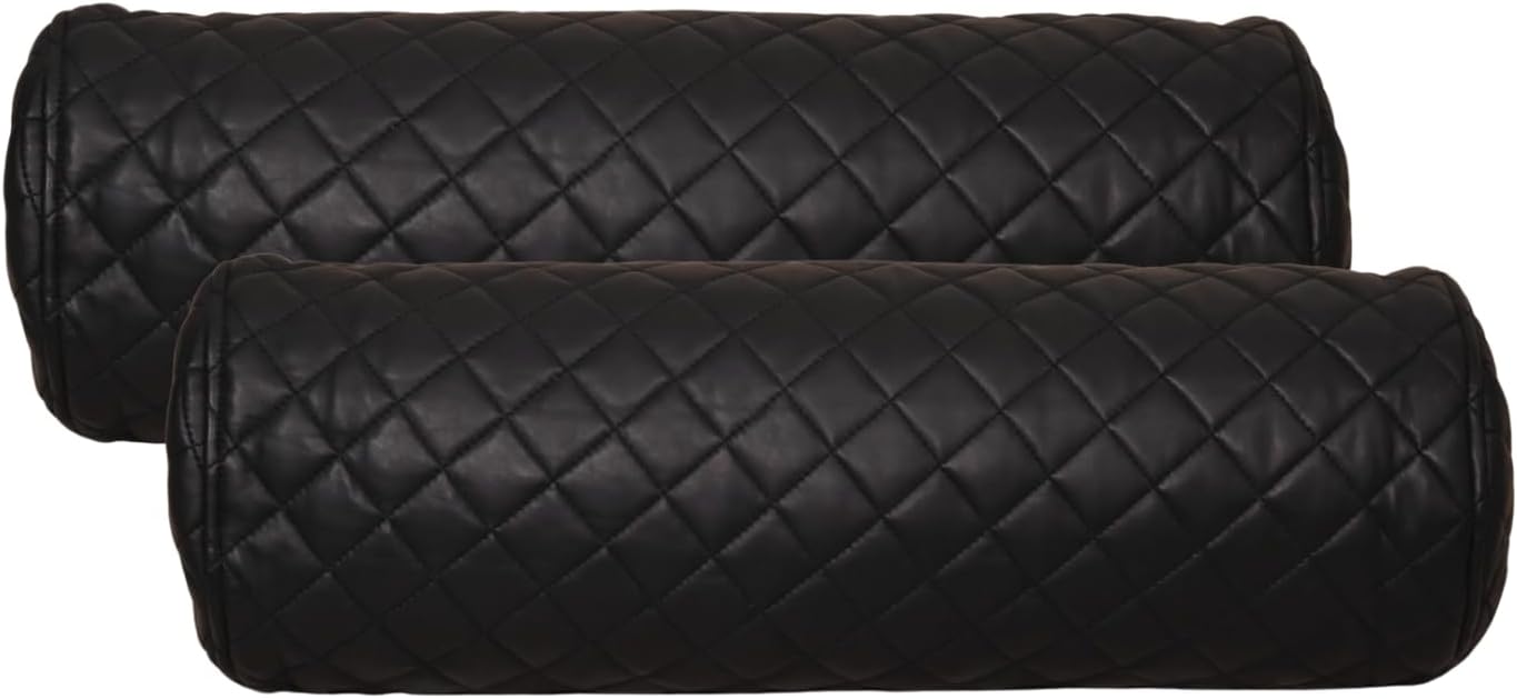 Neck Roll Pillow Cushion Cover, 18x6 Inch Full Moon Round Bolster Pillow Case, Cylinder Soft Lambskin Leather Pillowcase for Head, Spine & Neck Support During Sleep - Quilted Black Pack of 2