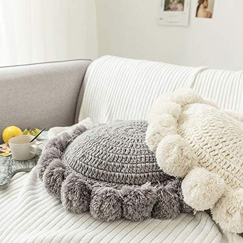 Round Throw Pillow Boho with Pom Poms Fringe Tassels, Bohemian Cute Decorative Circular Pillow with Knitted Texture for Sofa Chair, Acrylic Diameter 18 inches, Gray