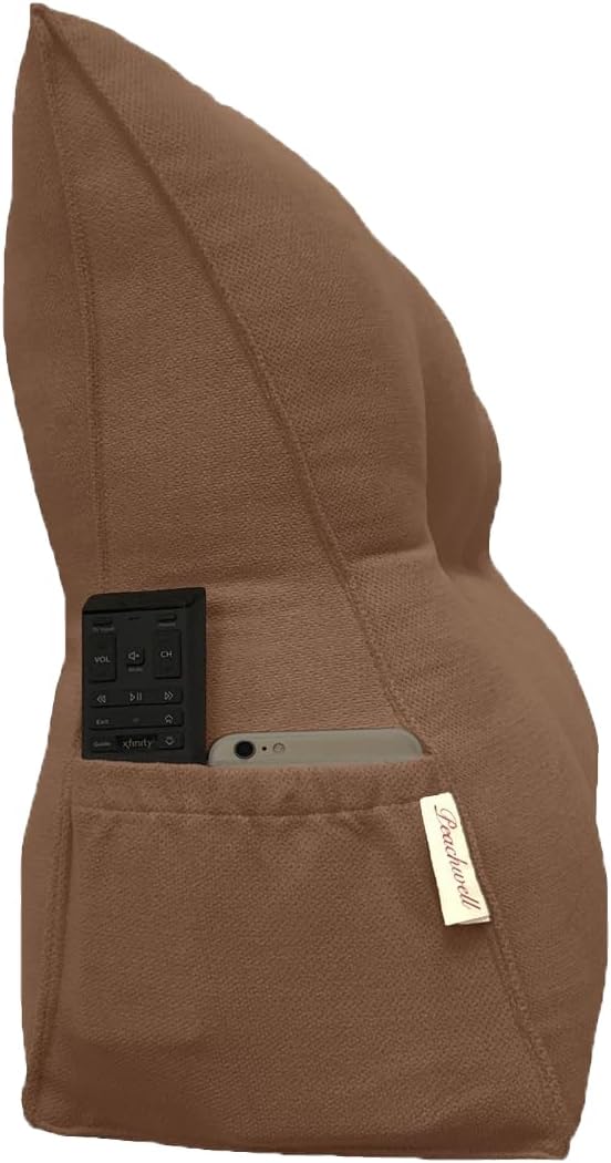 Triangular Reading Bed Rest Pillow Large Bolster Cushion Headboard Backrest Wedge Pillow with Removable Cover and Two Large Side Pockets (Brown, King: 78 x 8 x 20 inches)